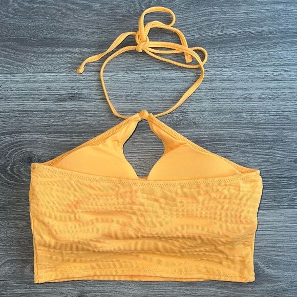 AERIE Bandeau Bikini Top XS Ribbed Orange Keyhole Halter Neck Y2K Beach Summer - Picture 5 of 8